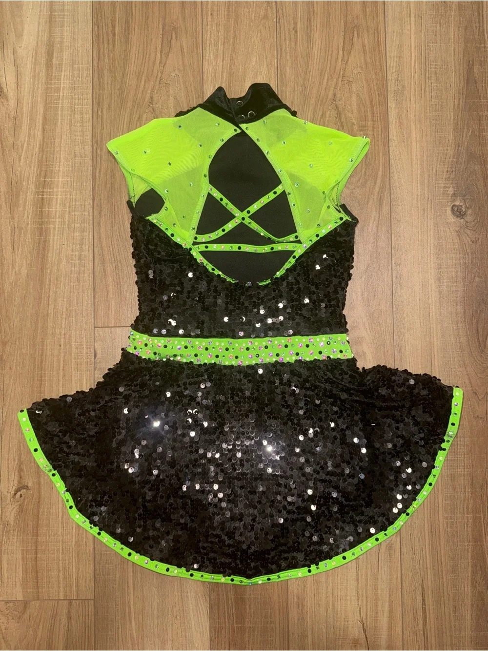 Weissman Black Sequin Dance Costume with Neon Green Trim